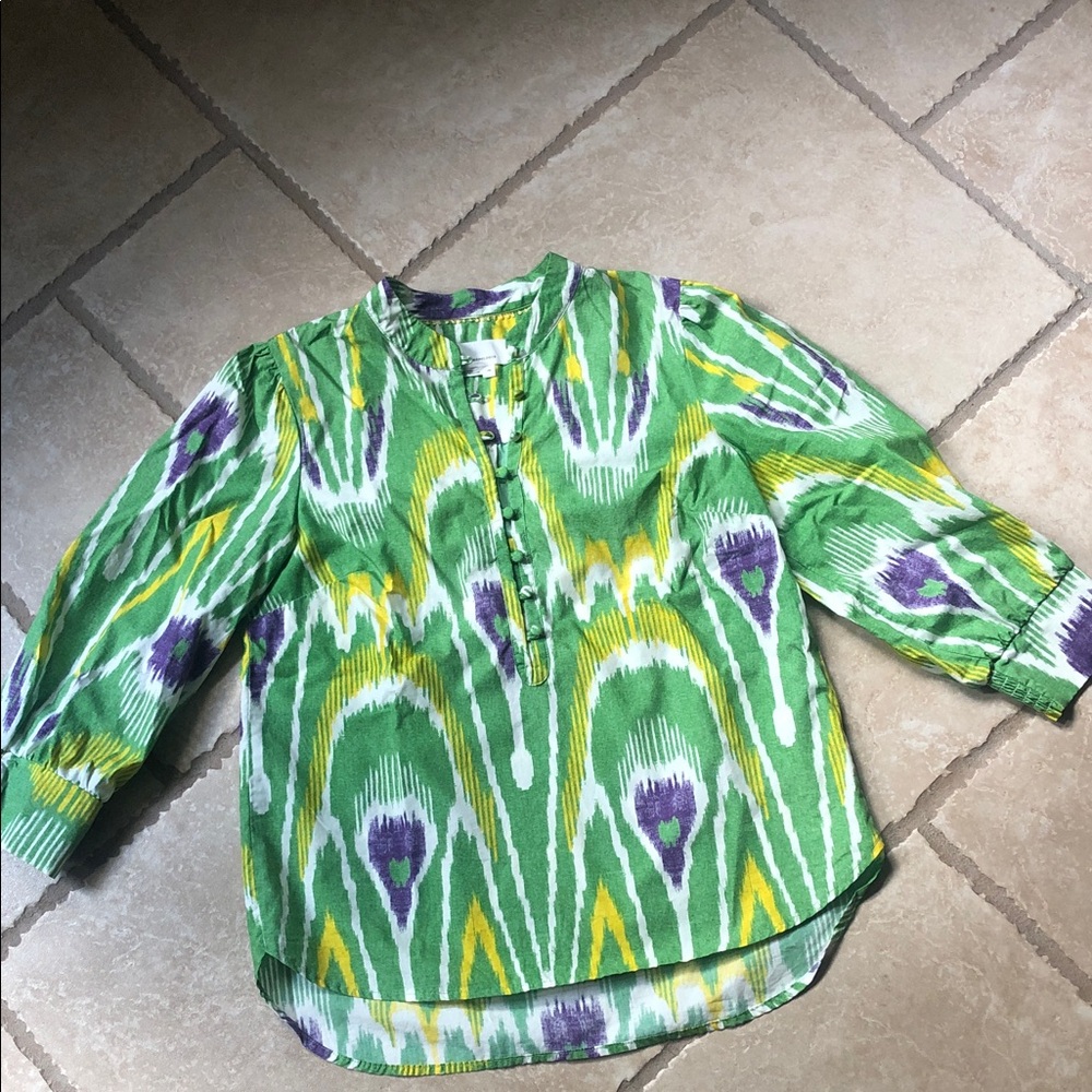 Anthropologie Green and Yellow Patterned Top